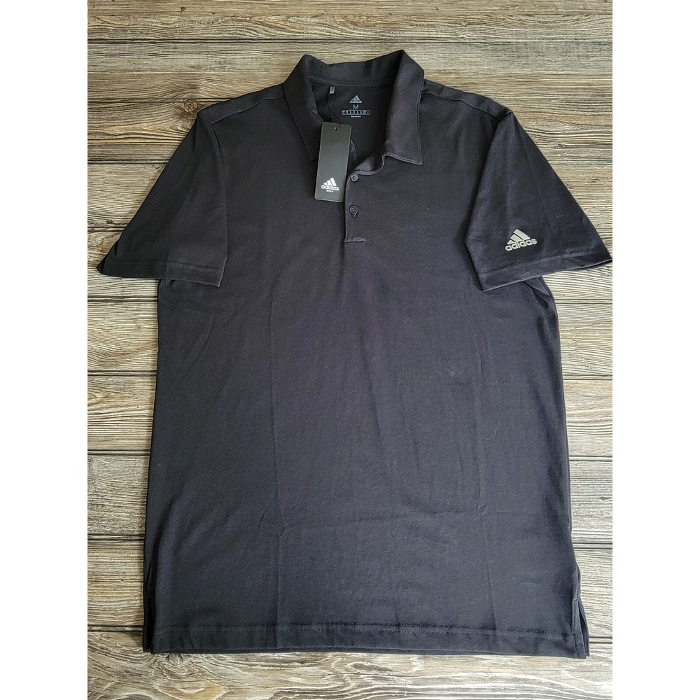 Adidas Polo Shirt Mens Medium Black Sports Logo Casual Golf Stretch Short Sleeve